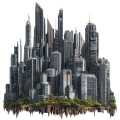 Obraz premium A futuristic city with buildings and skyscrapers, isolated on a transparent background