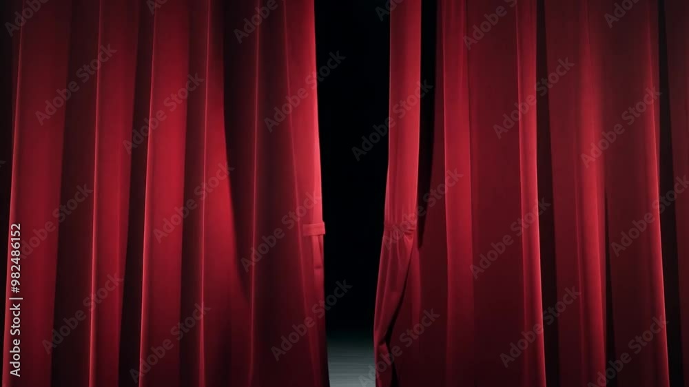 Poster the setting features rich red velvet curtains drawn closed in a dimly lit theater. the atmosphere is