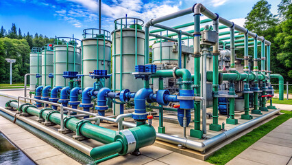 Valves, pipes, and equipment in an industrial water supply substation, showing complex industrial plumbing system for distributing clean water at a large estate facility.