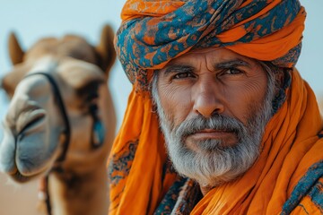 Rajasthani man in vibrant orange turban posing with his camel in India’s cultural desert region