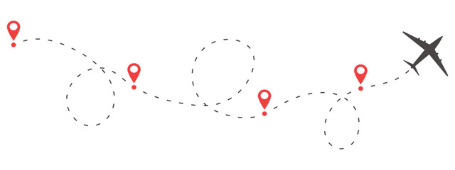 Plane timeine trail dashed line with pin. Infographic destination work process template. Airplane icons, roadmap infographic and travel path routes with location