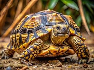 Naklejka premium The leopard tortoise showcases its distinctive mottled shell, a blend of brown and yellow hues, supported by sturdy legs.