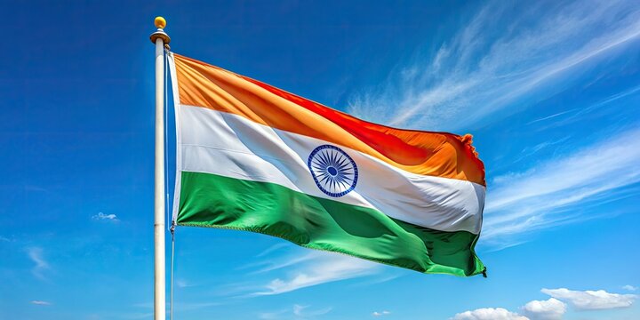 The iconic tricolour flag unfurls its vibrant colours against the radiant blue sky, a symbol of freedom and unity that commands attention and inspires pride.