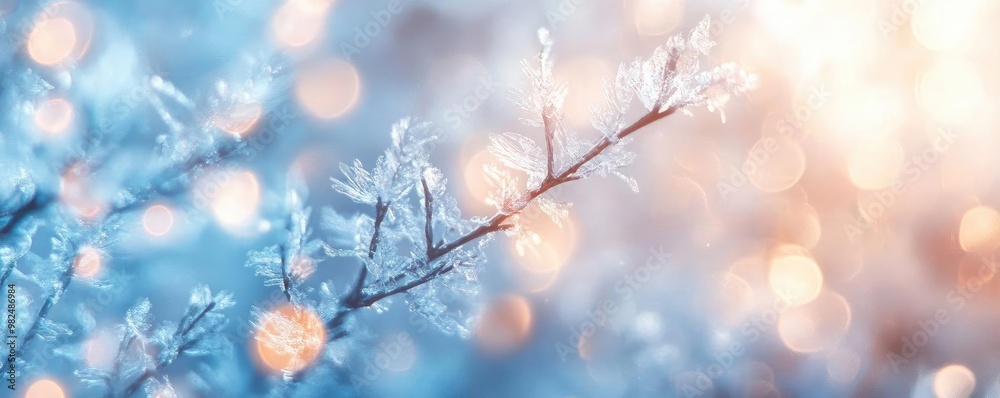 Poster A close-up of a frosted branch with sparkling frost and soft bokeh lights creating a serene winter atmosphere.