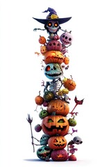 Fototapeta premium A Stack of Carved Pumpkins with Skeletons and Witch for Halloween