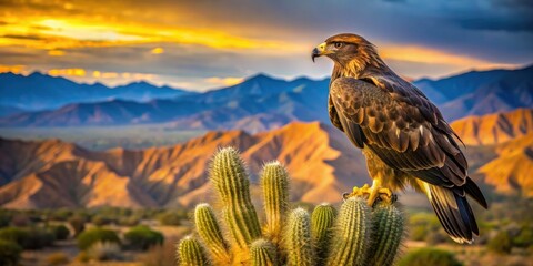 Fototapeta premium The majestic Mexican golden eagle sat regally on the towering cactus, its vibrant feathers glowing against the parched desert landscape's rust-hued terrain.