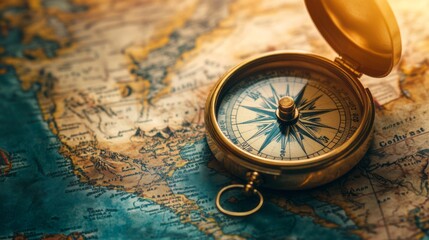 Old vintage map with old compass close up, slightly top view
