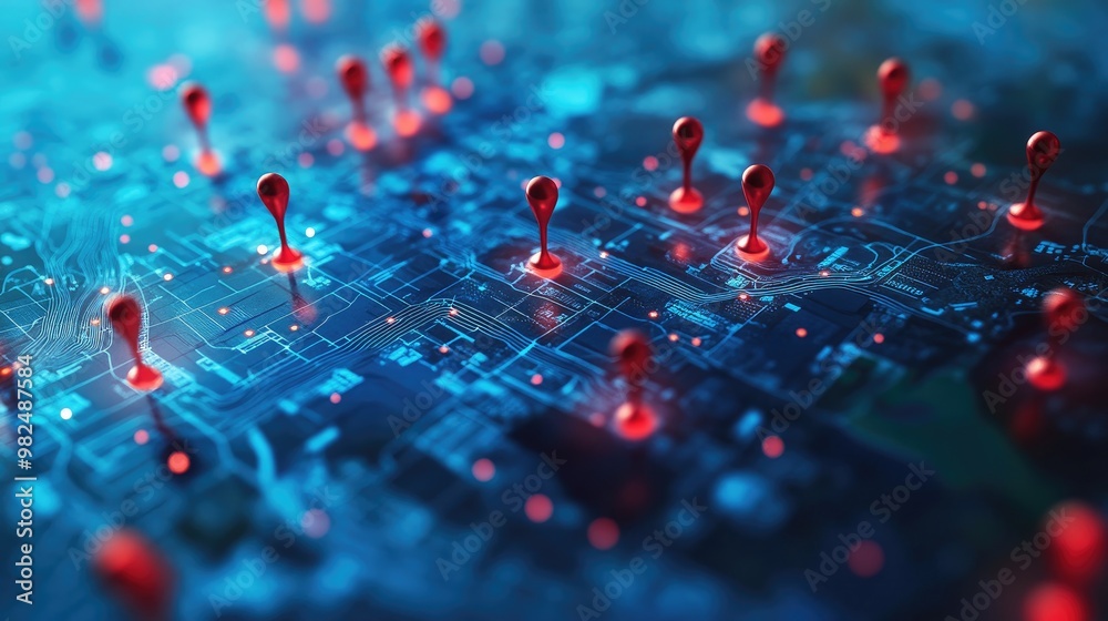 Poster geospatial map with red and blue pins, representing data insights for location analysis and strategi