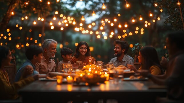 Family Sharing a Festive Dinner During Indian Celebration with String Lights and Laughter