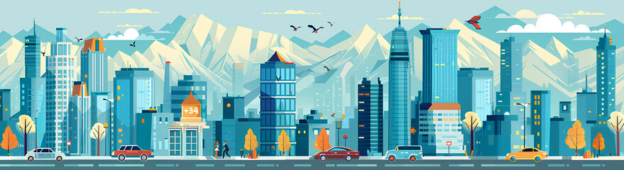 Obraz premium cityscape with buildings, roads and cars in a simple flat design with blue sky and green mountains in the background, modern architecture and city life, a panoramic view of an urban