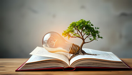 Tree Emerging from a Light Bulb Placed Inside a Book