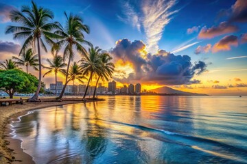 Obraz premium The serene tropical beach sunrise unfolds over calm blue waters, palm trees swaying gently, and the Waikiki skyline rising majestically in the distance.