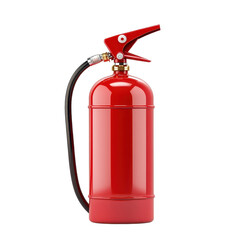 Obraz premium A red fire extinguisher with a nozzle, designed for safety and emergency use in fire situations., isolated on a transparent background.