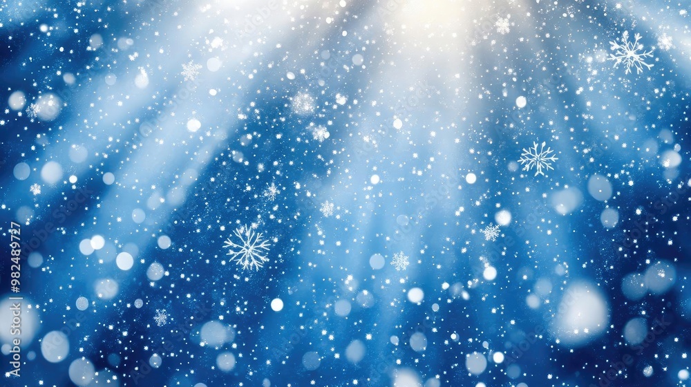 Poster a serene winter scene with soft snowfall and beams of light streaming through the atmosphere. perfec