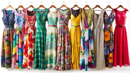 Vibrant assortment of fashionable dresses in various styles, colors, and patterns, beautifully displayed on a crisp white background, perfect for e-commerce and advertising.