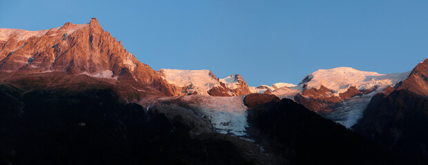 Beautiful light of sunset in Mont Blanc Massif (Alps), from Chamonix in Haute Savoie, France