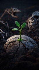 Naklejka premium A resilient sprout emerges from cracked earth, symbolizing new life amidst remnants of the past and a cycle of rebirth.