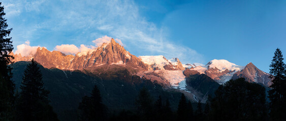 Beautiful light of sunset in Mont Blanc Massif (Alps), from Chamonix in Haute Savoie, France