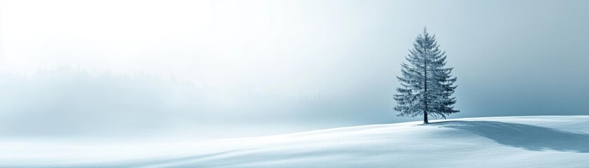 Fototapeta premium A serene winter landscape featuring a lone tree surrounded by soft, white snow under a clear blue sky.