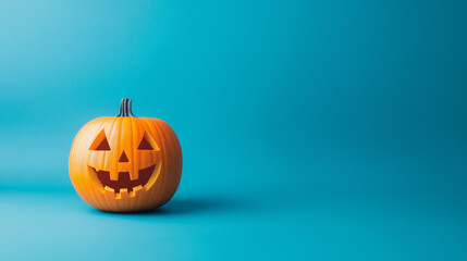 Festive Halloween party background image with copy space and orange jack-o-lantern pumpkin with bright blue color backdrop