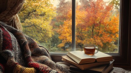 Obraz premium Cozy Autumn Day With a Cup of Tea and Books