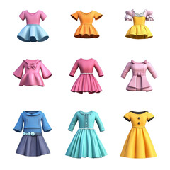 A collection of colorful children's dresses showcasing various styles and designs for playful fashion inspiration., isolated on a transparent background.