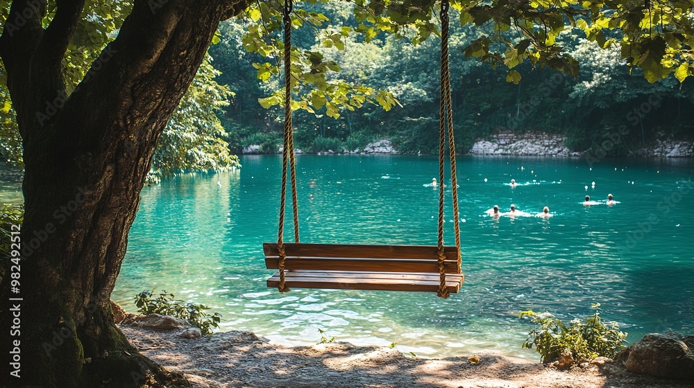 Poster A wooden swing hanging from the tree beside an emerald blue lake, surrounded by lush greenery and swimmers in the clear water. The swing is made of natural wood with intricate rope design 