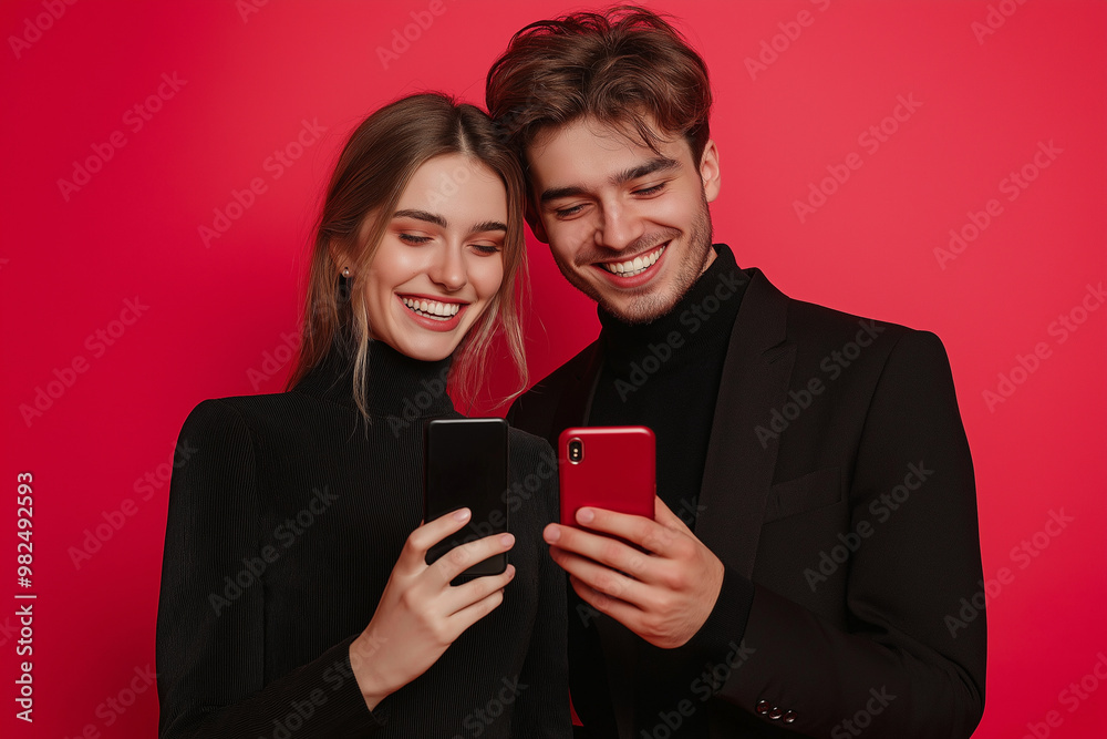 Wall mural a cute and happy young couple using a smartphone to shop online. concept sale , black friday