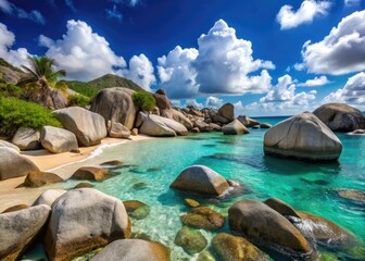 Turquoise waters lap gently against Virgin Gorda's secluded beach, surrounded by towering granite boulders, inviting relaxation.