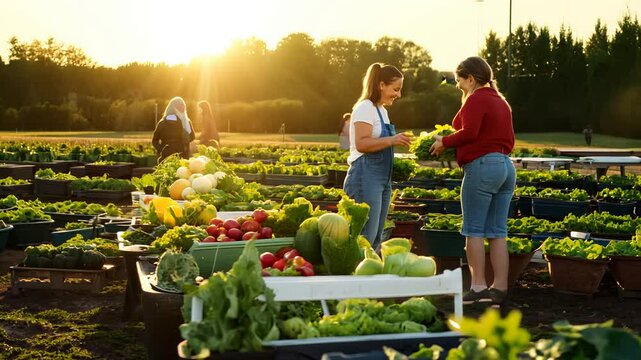Community members gather in a lush garden at sunset, tending to vibrant vegetables and sharing their knowledge and experiences