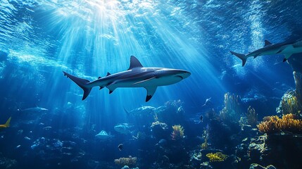 Obraz premium Underwater Aquarium with Sharks and Sunbeams