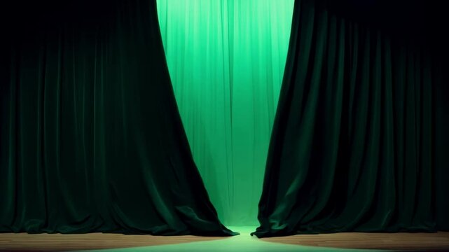 A rich green velvet curtain hangs firmly across the stage as the spotlight awaits the start of a performance, creating an atmosphere of anticipation and excitement.
