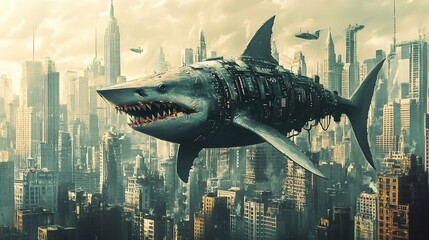 A fierce shark with futuristic design looms over cityscape, creating striking contrast between nature and technology. scene evokes sense of awe and adventure 