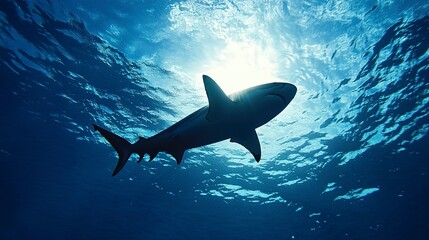 Obraz premium A solitary shark glides gracefully through the sunlit depths of the ocean, its silhouette casting a long shadow on the blue water. 