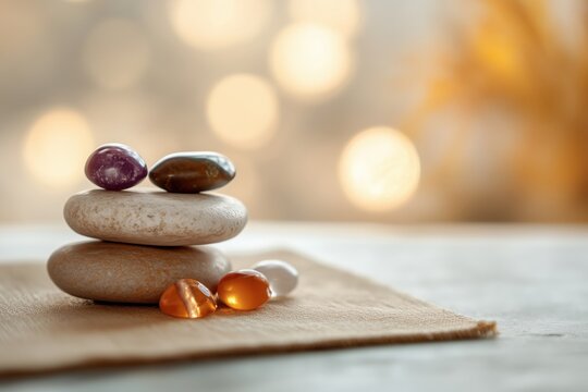 Healing stones and gemstones arranged on smooth pebbles
