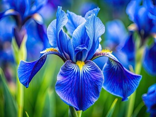 Vibrant blue iris petals unfurl, soft focus blurring the background, spotlighting delicate orange centers and intricate folds, a stunning splash of color on the canvas.