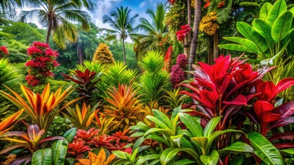 Fototapeta premium Vibrant flowers and lush foliage of araceae plants create a tropical oasis, showcasing natural beauty against a vibrant verdant backdrop.