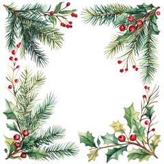Watercolor Christmas greenery frame with white background