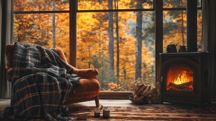 Fototapeta premium Cozy Autumn Cabin Interior with Fireplace and Window View