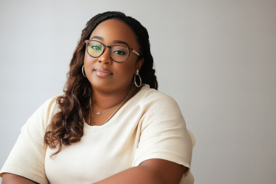 Elegant portrait of a middle-aged African American woman with natural beauty, captured in a minimalistic studio setting, showcasing confidence and grace in a modern and stylish attire.