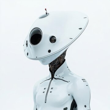 Alien robot with artificial intelligence exploring planets, displayed on a white background,  no blur, photo not dark, everything is clear, copy space