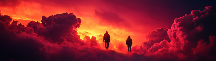 Fototapeta premium A surreal figure walking on a glowing path of color, with the sky filled with swirling, vibrant clouds