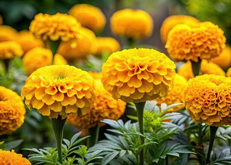 Vibrant yellow double-petaled marigold flowers bloom amidst lush greenery, their dark brown central cones adding warmth to the vibrant scene.