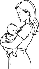 Happy Family of Mother Holds Child Silhouettes. Line Art Drawing of Mother and Baby.  Happy Mother`s day Minimalist Illustration. Vector EPS 10.	
