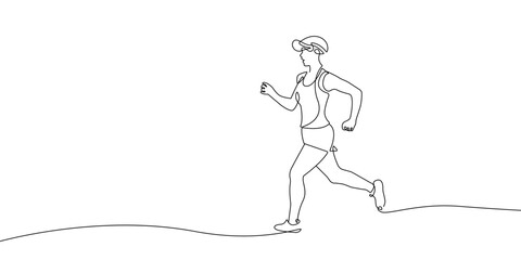 Fototapeta premium Woman Running One Line Drawing Continuous Design Minimalism Style. Sport Concept Vector One Line Illustration.