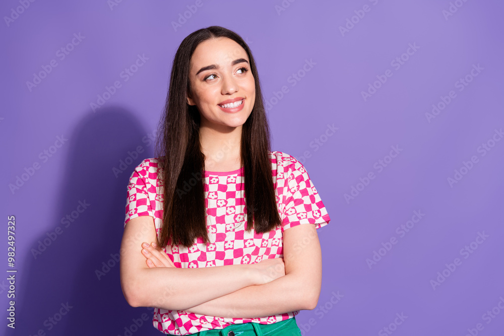 Poster Photo portrait of pretty young girl crossed hands look empty space wear trendy pink outfit isolated on purple color background