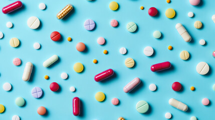 A blue background shows a pattern of pills and capsules, representing the prescription process. This image symbolizes the connection between healthcare, technology, and science.