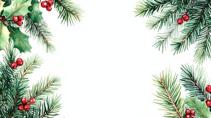 Watercolor Christmas greenery frame with white background