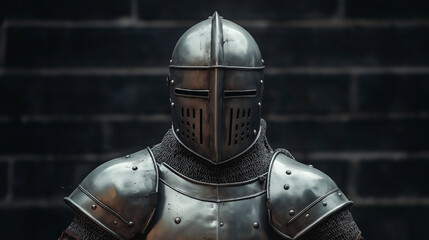 Man wearing Medieval Knights armor with heavy iron helmet