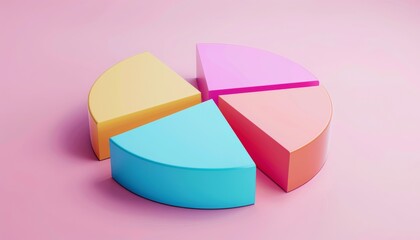 Obraz premium A vibrant 3D pie chart with colorful segments set against a soft pastel background, perfect for data visualization, financial reports, or creative business presentations